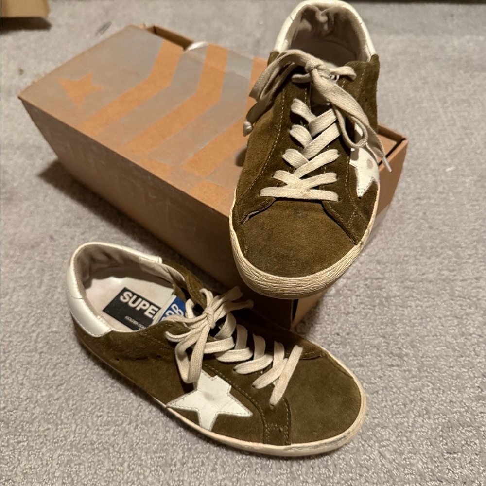 Golden Goose Olive Green Suede Sneakers with Star Detail